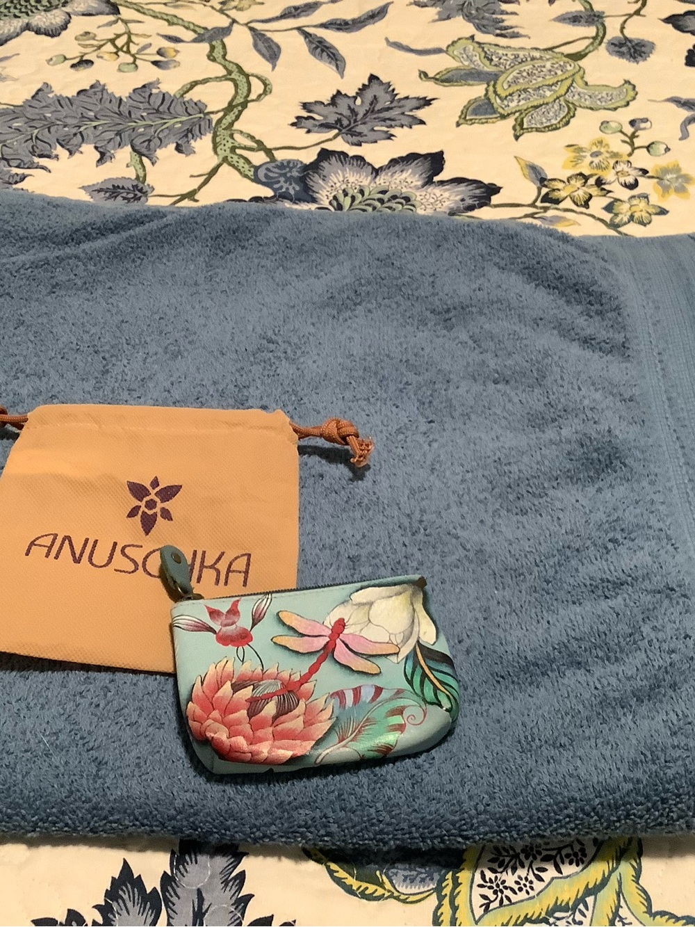 Anuschka Teal Floral Coin Pouch with Peach Drawstring Bag